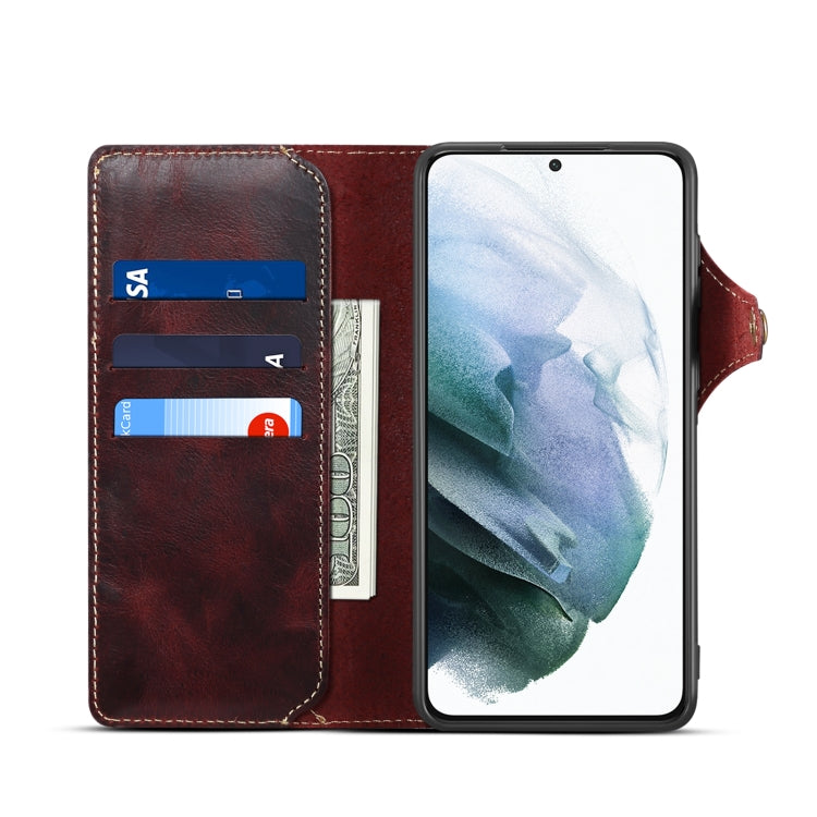 For Samsung Galaxy S22 5G Denior Oil Wax Cowhide Magnetic Button Genuine Leather Case(Dark Red) Eurekaonline