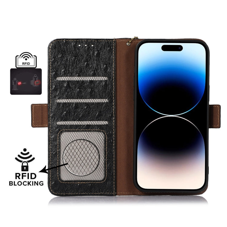 For Samsung Galaxy S22 5G Ostrich Pattern Genuine Leather RFID Phone Case(Black) Eurekaonline
