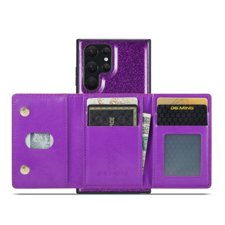 For Samsung Galaxy S22 Ultra 5G DG.MING M3 Series Glitter Powder Card Bag Leather Case(Dark Purple) Eurekaonline