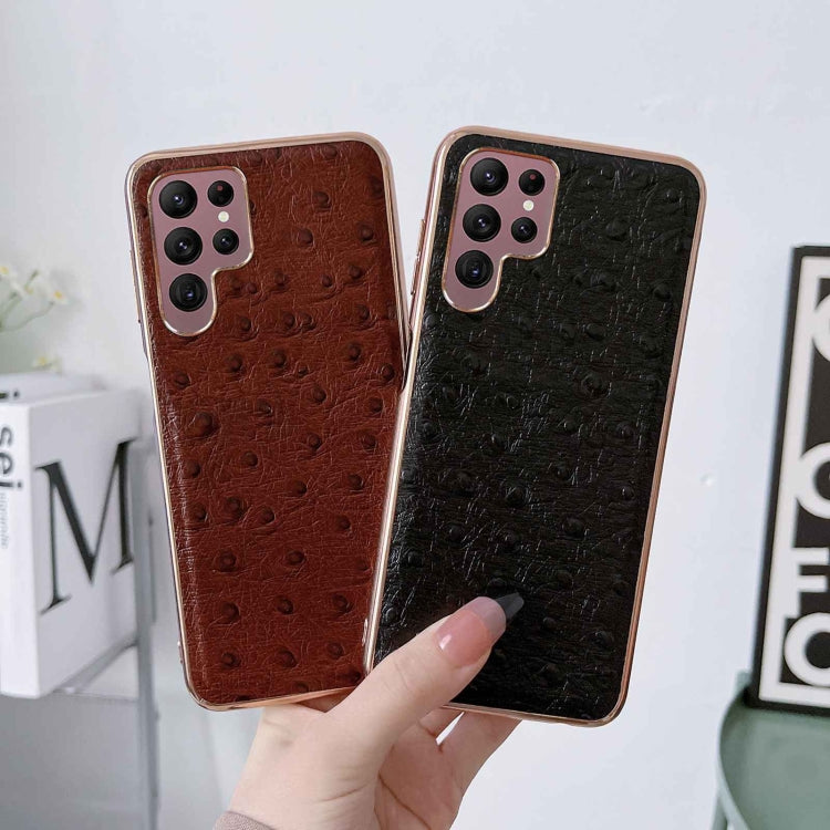 For Samsung Galaxy S22 Ultra 5G Genuine Leather Ostrich Texture Series Nano Electroplating Phone Case(Blue) Eurekaonline
