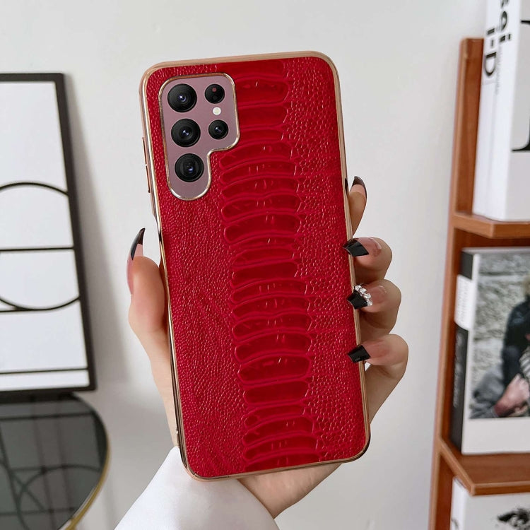For Samsung Galaxy S22 Ultra 5G Genuine Leather Weilai Series Nano Electroplating Phone Case(Red) Eurekaonline