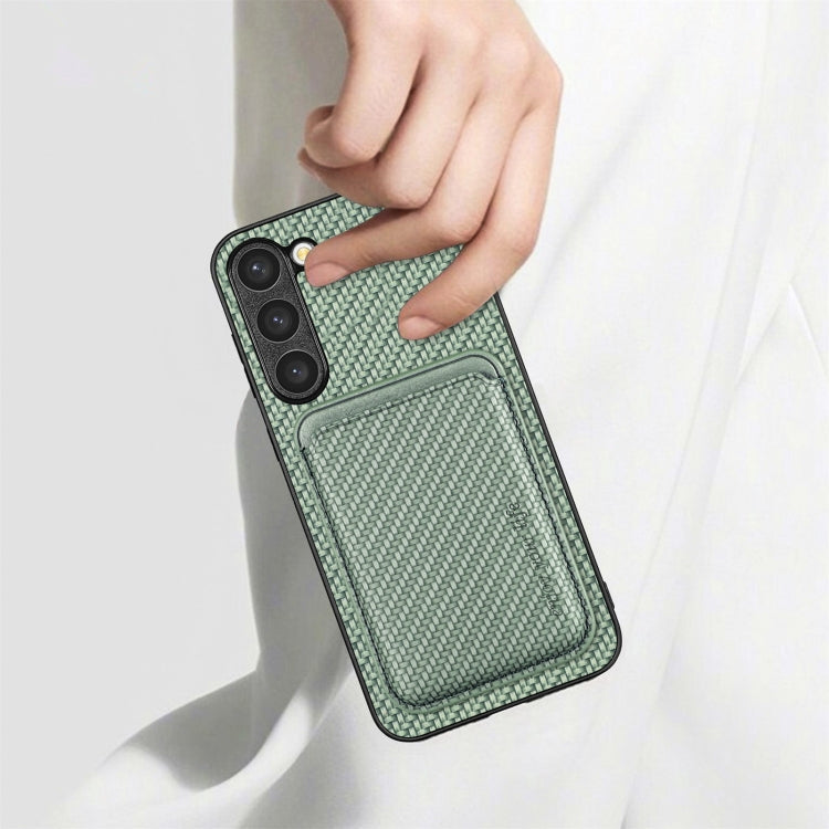 For Samsung Galaxy S23 5G Carbon Fiber Leather Card Magsafe Case(Khaki) Eurekaonline