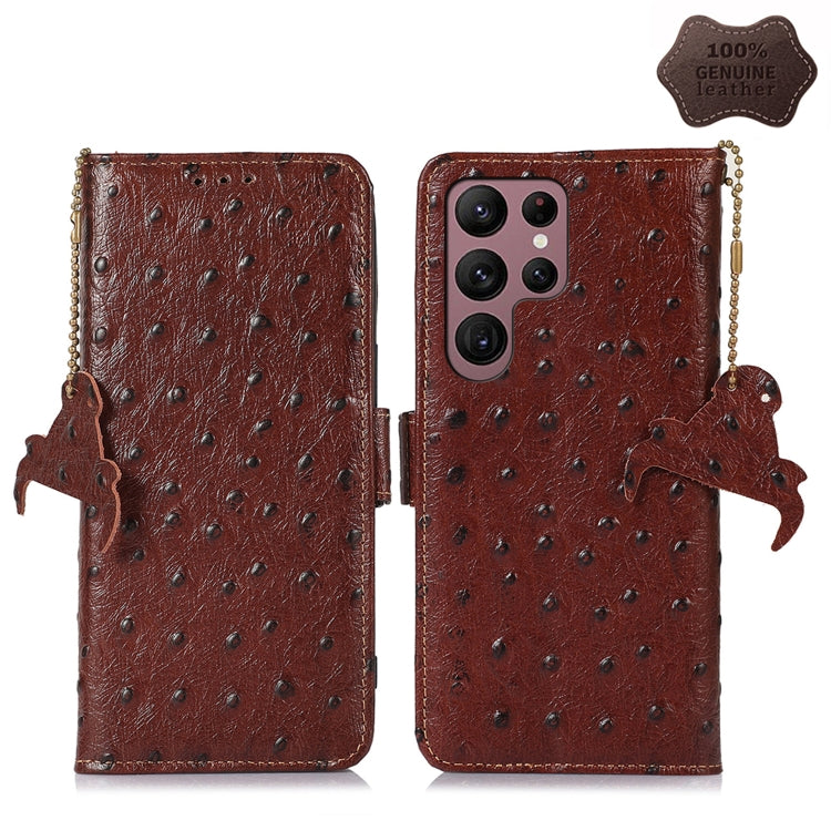 For Samsung Galaxy S23 Ultra 5G Ostrich Pattern Genuine Leather RFID Phone Case(Coffee) Eurekaonline