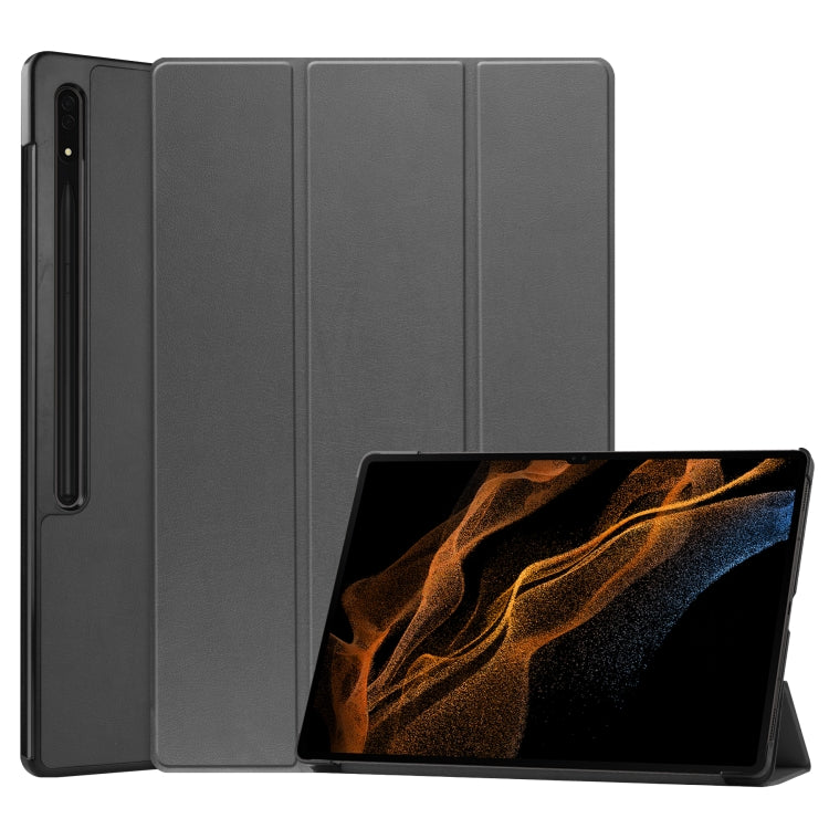 For Samsung Galaxy Tab S8 Ultra Three-folding Holder Custer Texture Leather Tablet Case(Grey) Eurekaonline