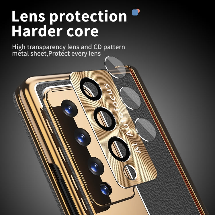For Samsung Galaxy Z Fold3 5G Litchi Pattern Magnetic Shell Film Integrated Shockproof Phone Case(Black Gold) Eurekaonline
