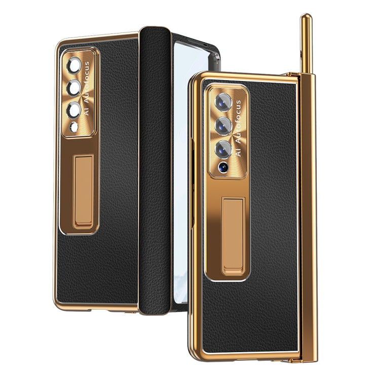 For Samsung Galaxy Z Fold3 5G Litchi Pattern Magnetic Shell Film Integrated Shockproof Phone Case(Black Gold) Eurekaonline