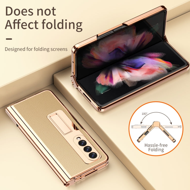 For Samsung Galaxy Z Fold3 5G Litchi Texture Leather Hinged Electroplated Phone Case with S Pen Fold Edition & Protective Film(Gold) Eurekaonline