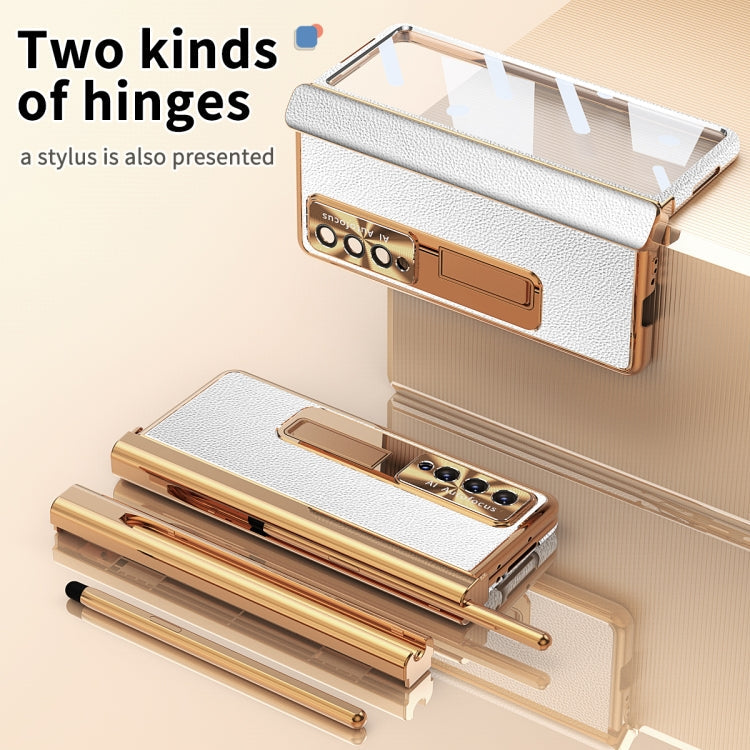 For Samsung Galaxy Z Fold4 Litchi Pattern Magnetic Shell Film Integrated Shockproof Phone Case(Silver Gold) Eurekaonline