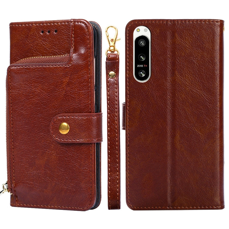 For Sony Xperia 5 IV Zipper Bag Flip Leather Phone Case(Brown) Eurekaonline