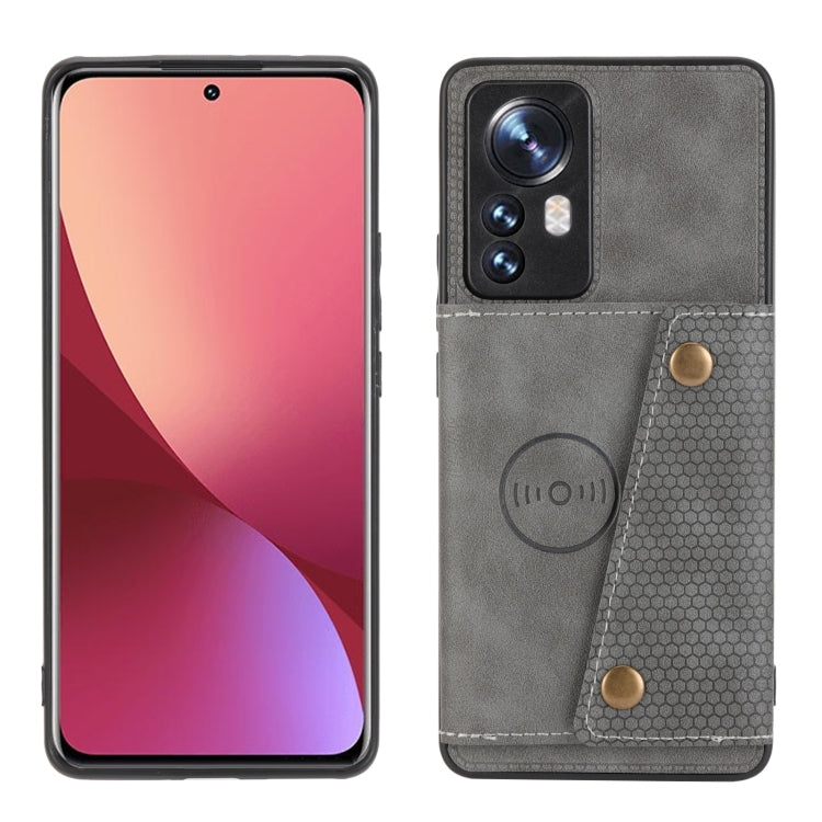 For Xiaomi 12 Double Buckle PU + TPU Shockproof Magnetic Phone Case(Grey) Eurekaonline