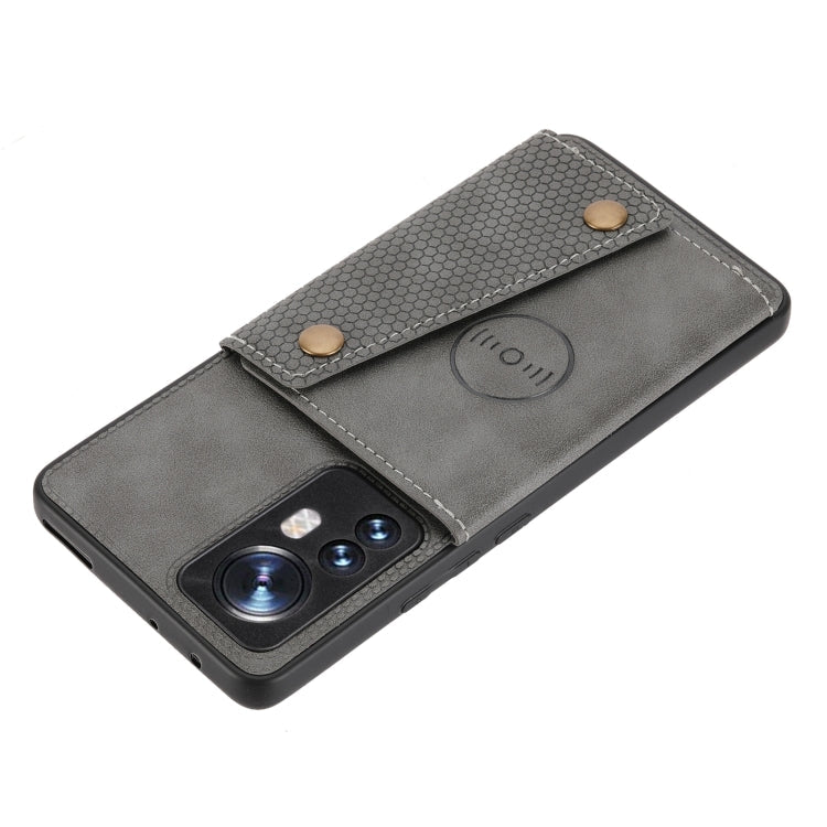 For Xiaomi 12 Double Buckle PU + TPU Shockproof Magnetic Phone Case(Grey) Eurekaonline