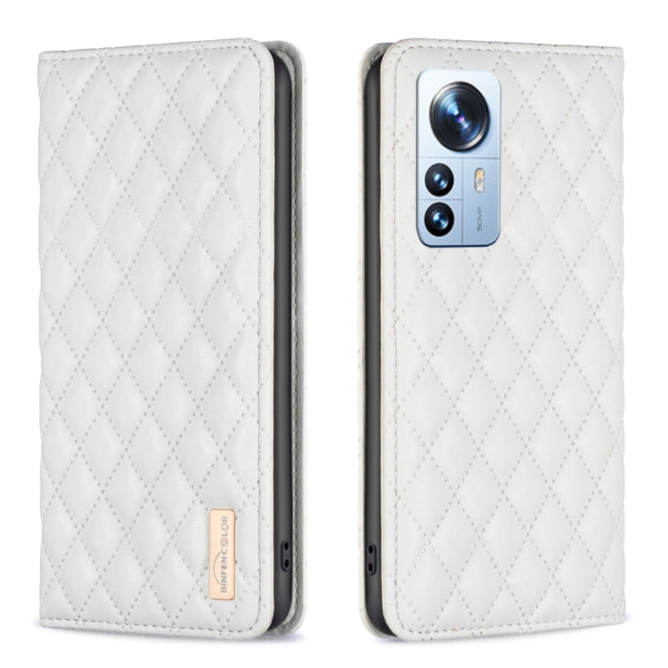 For Xiaomi 12 Pro Diamond Lattice Magnetic Leather Flip Phone Case(White) Eurekaonline