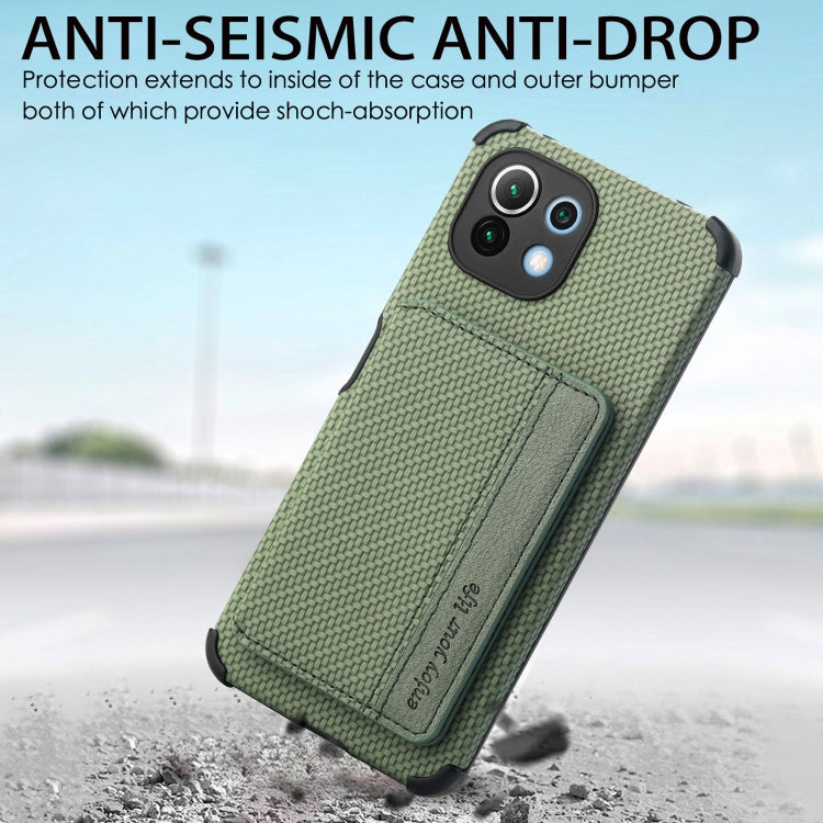 For Xiaomi Mi 11 Lite Carbon Fiber Magnetic Card Bag TPU+PU Shockproof Back Cover Case with Holder & Card Slot & Photo Frame(Green) Eurekaonline