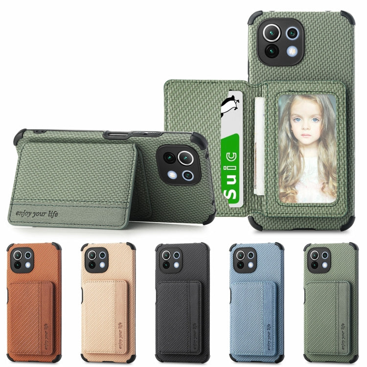 For Xiaomi Mi 11 Lite Carbon Fiber Magnetic Card Bag TPU+PU Shockproof Back Cover Case with Holder & Card Slot & Photo Frame(Green) Eurekaonline
