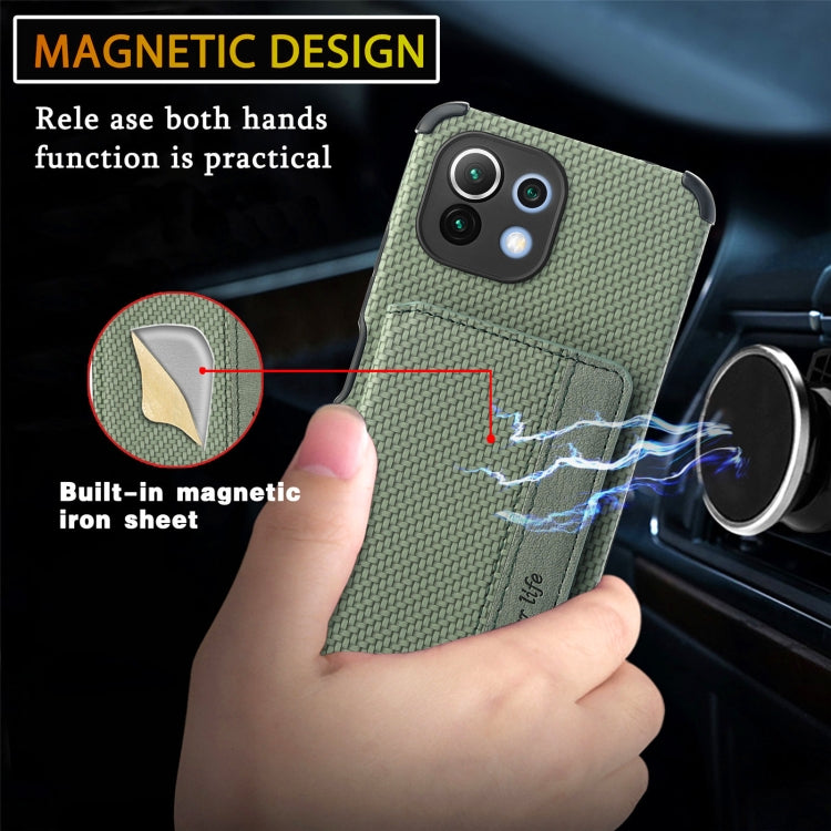 For Xiaomi Mi 11 Lite Carbon Fiber Magnetic Card Bag TPU+PU Shockproof Back Cover Case with Holder & Card Slot & Photo Frame(Green) Eurekaonline