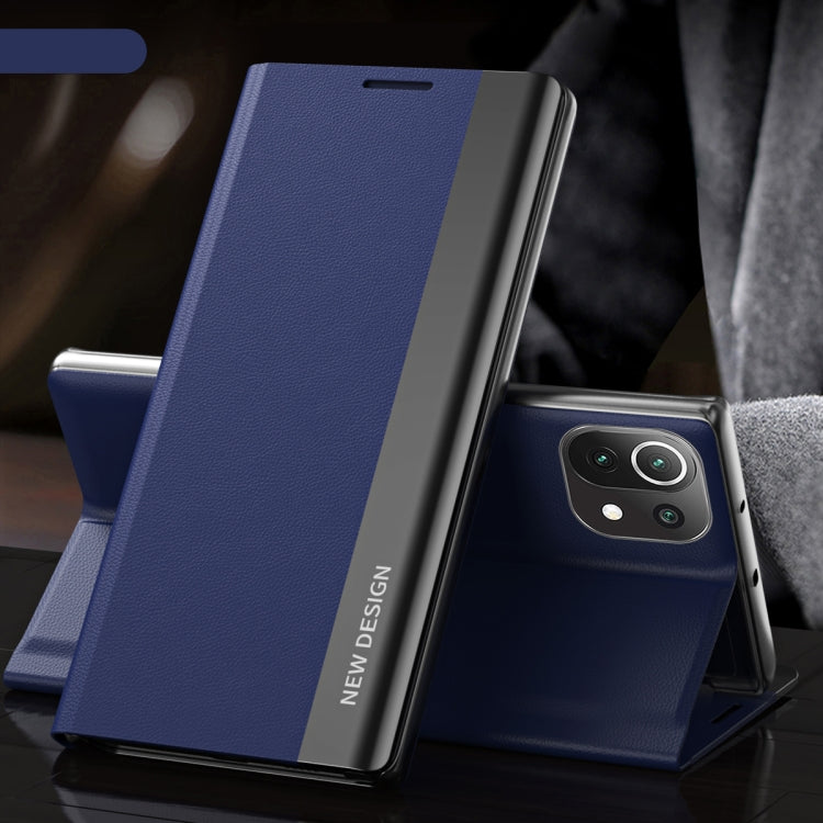 For Xiaomi Mi 11 Side Electroplated Magnetic Ultra-Thin Horizontal Flip Leather Case with Holder(Blue) Eurekaonline