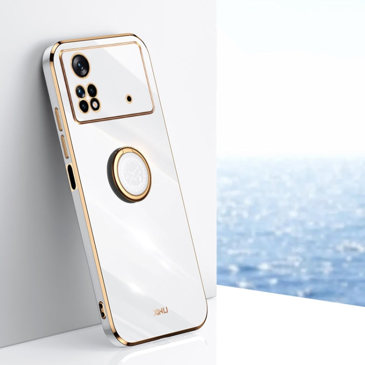 For Xiaomi Poco X4 Pro 5G XINLI Straight Edge 6D Electroplate TPU Phone Case with Ring Holder(White) Eurekaonline