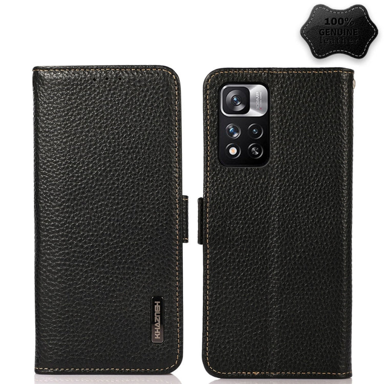 For Xiaomi Redmi Note 11 Pro KHAZNEH Side-Magnetic Litchi Genuine Leather RFID Phone Case(Black) Eurekaonline