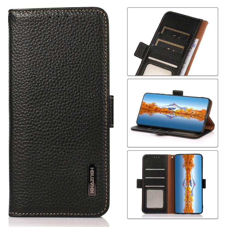 For Xiaomi Redmi Note 12 Pro China KHAZNEH Side-Magnetic Litchi Genuine Leather RFID Phone Case(Black) Eurekaonline