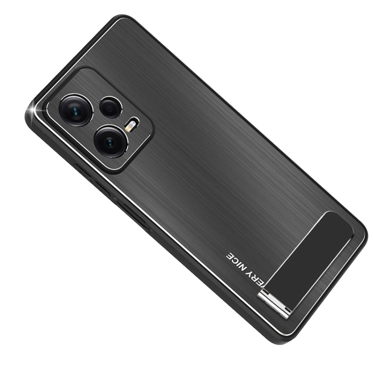 For Xiaomi Redmi Note 12 Pro China Metal Brushed Texture Shockproof Phone Case with Holder(Black) Eurekaonline