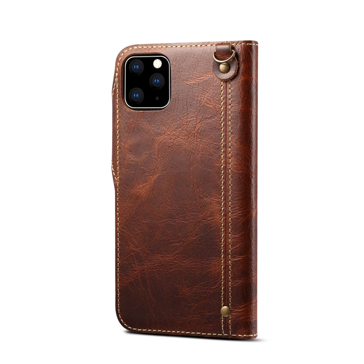 For iPhone 11 Denior Oil Wax Cowhide Magnetic Button Horizontal Flip Leather Case with Card Slots & Wallet(Brown) Eurekaonline