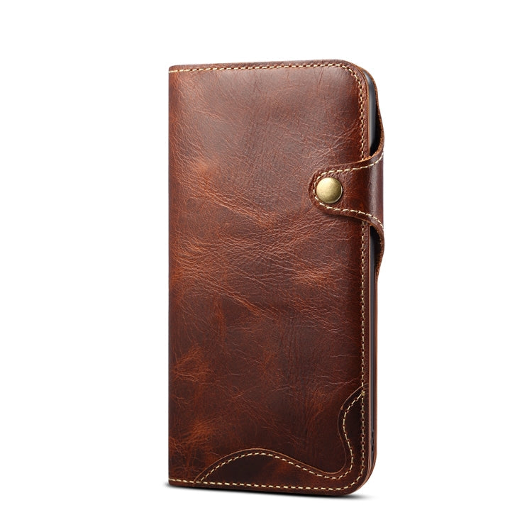 For iPhone 11 Denior Oil Wax Cowhide Magnetic Button Horizontal Flip Leather Case with Card Slots & Wallet(Brown) Eurekaonline