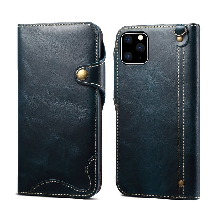 For iPhone 11 Denior Oil Wax Cowhide Magnetic Button Horizontal Flip Leather Case with Card Slots & Wallet(Dark Blue) Eurekaonline