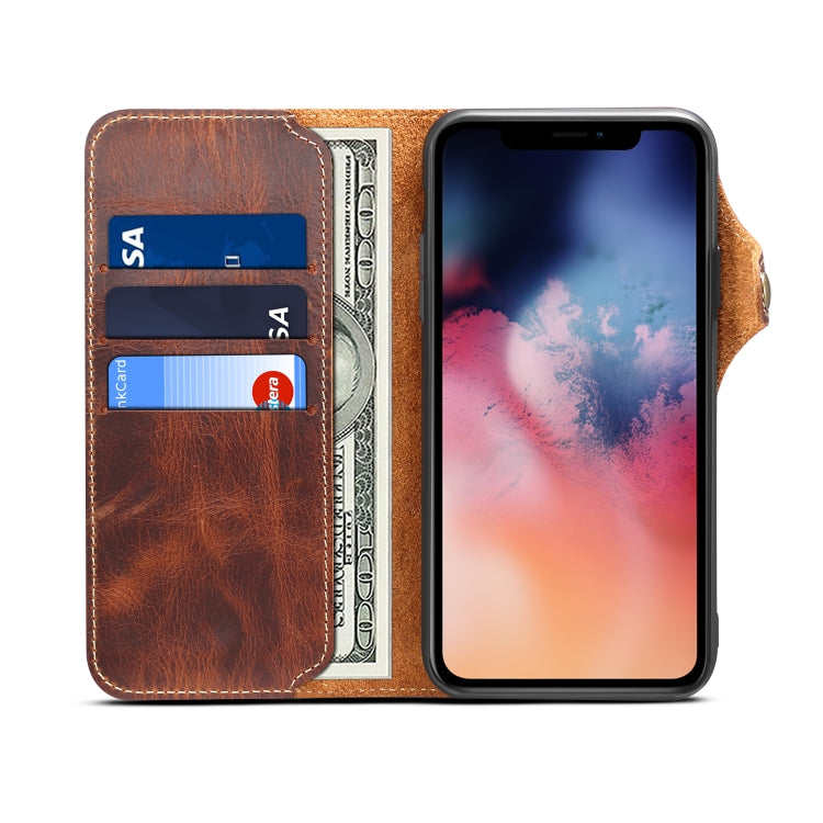 For iPhone 11 Pro Max Denior Oil Wax Cowhide Magnetic Button Horizontal Flip Leather Case with Card Slots & Wallet(Brown) Eurekaonline