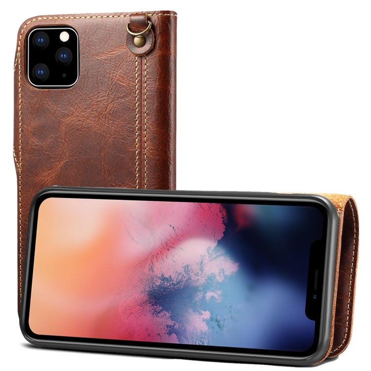 For iPhone 11 Pro Max Denior Oil Wax Cowhide Magnetic Button Horizontal Flip Leather Case with Card Slots & Wallet(Brown) Eurekaonline