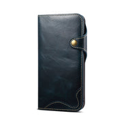 For iPhone 11 Pro Max Denior Oil Wax Cowhide Magnetic Button Horizontal Flip Leather Case with Card Slots & Wallet(Dark Blue) Eurekaonline