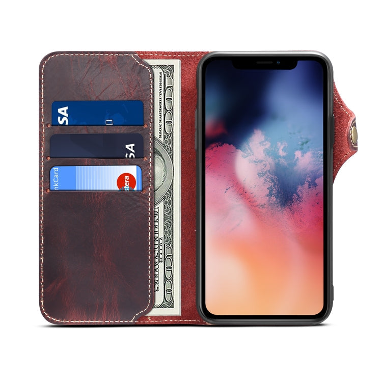 For iPhone 11 Pro Max Denior Oil Wax Cowhide Magnetic Button Horizontal Flip Leather Case with Card Slots & Wallet(Dark Red) Eurekaonline