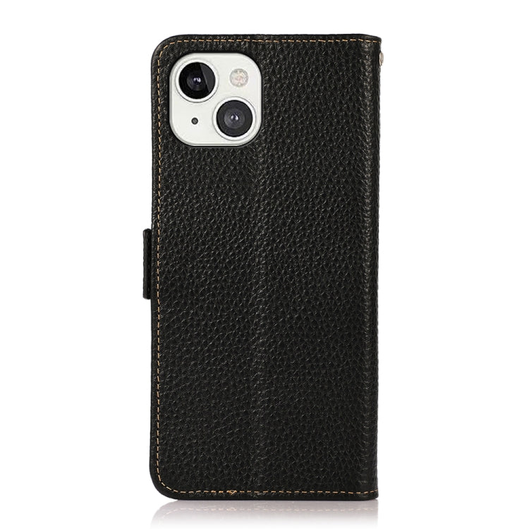 For iPhone 13 KHAZNEH Side-Magnetic Litchi Genuine Leather RFID Case(Black) Eurekaonline