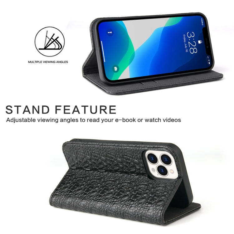 For iPhone 13 Pro Fierre Shann Crocodile Texture Magnetic Horizontal Flip Genuine Leather Case with Holder & Card Slot (Black) Eurekaonline
