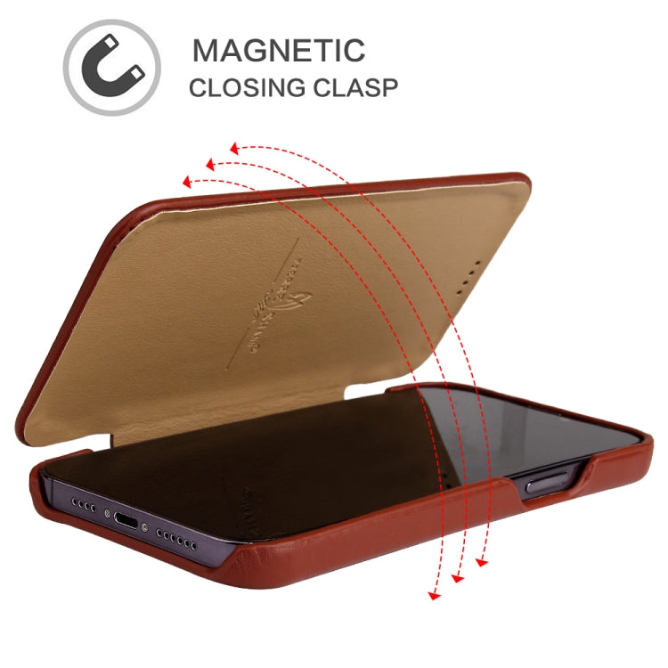 For iPhone 13 Pro Fierre Shann Magnetic Genuine Leather Phone Case (Brown) Eurekaonline