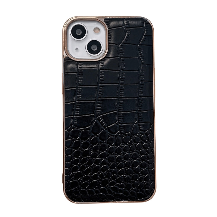 For iPhone 14 Crocodile Texture Genuine Leather Nano Electroplating Phone Case (Black) Eurekaonline