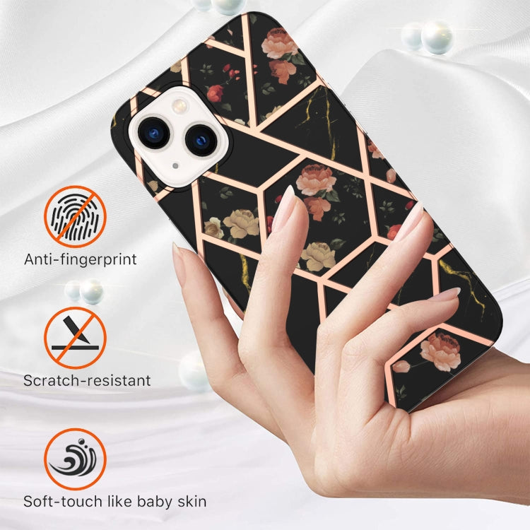 For iPhone 14 Electroplating Splicing Marble Flower Pattern TPU Shockproof Case (Black Flower) Eurekaonline