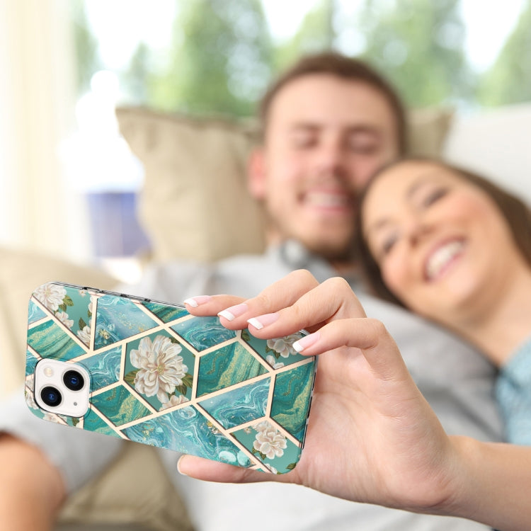 For iPhone 14 Electroplating Splicing Marble Flower Pattern TPU Shockproof Case (Blue Flower) Eurekaonline