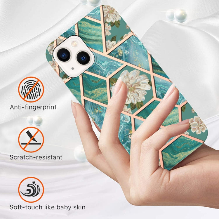For iPhone 14 Electroplating Splicing Marble Flower Pattern TPU Shockproof Case (Blue Flower) Eurekaonline