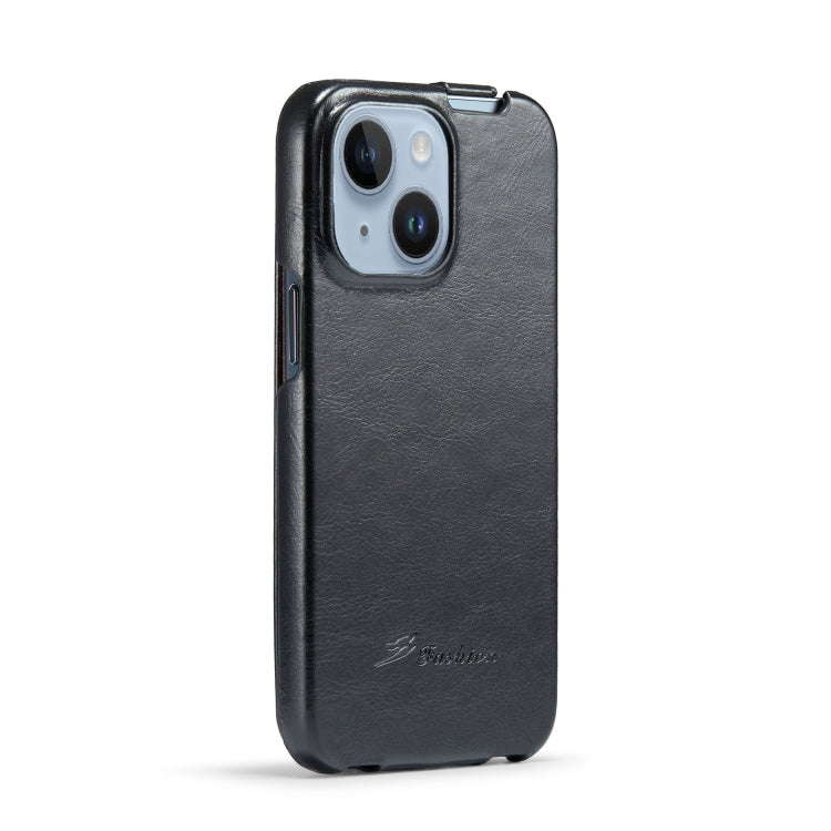 For iPhone 14 Fierre Shann Oil Wax Texture Vertical Flip PU Phone Case (Black) Eurekaonline