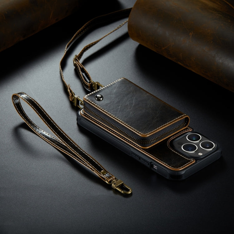 For iPhone 14 JEEHOOD C22 Series Zipper Wallet Phone Case with Long and Short Lanyard(Coffee) Eurekaonline