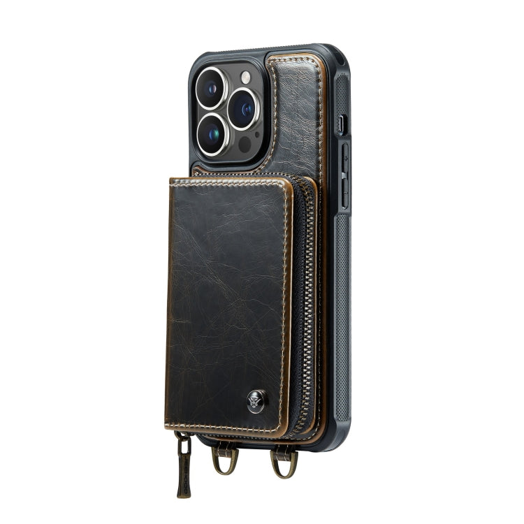 For iPhone 14 JEEHOOD C22 Series Zipper Wallet Phone Case with Long and Short Lanyard(Coffee) Eurekaonline
