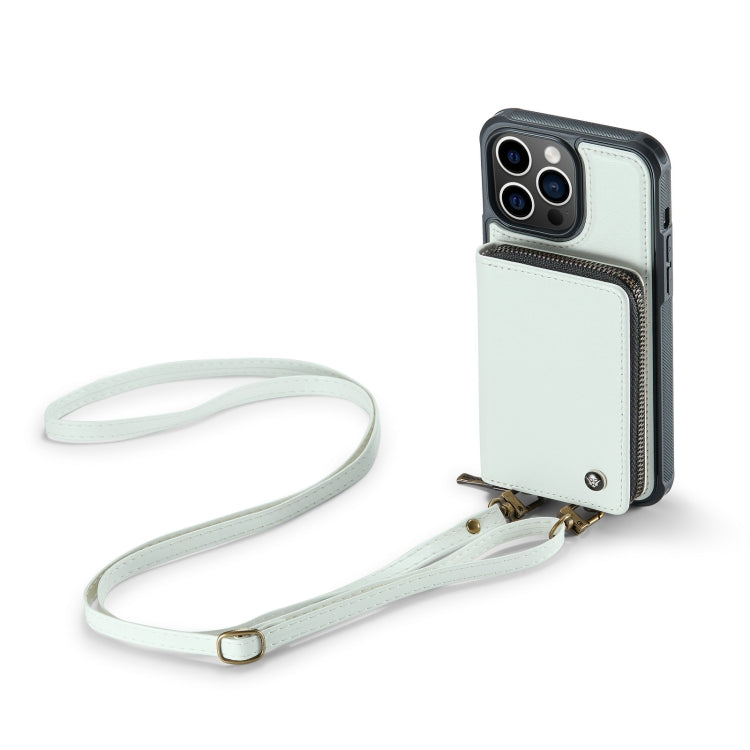 For iPhone 14 JEEHOOD C22 Series Zipper Wallet Phone Case with Long and Short Lanyard(White) Eurekaonline
