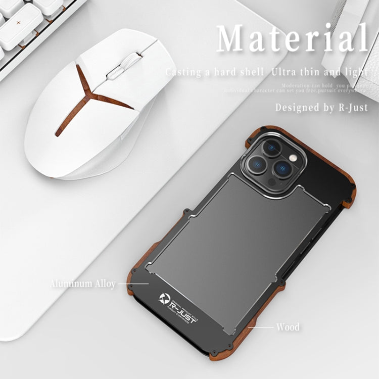 For iPhone 14 R-JUST Ironwood Generation Metal + Wood Phone Case Eurekaonline