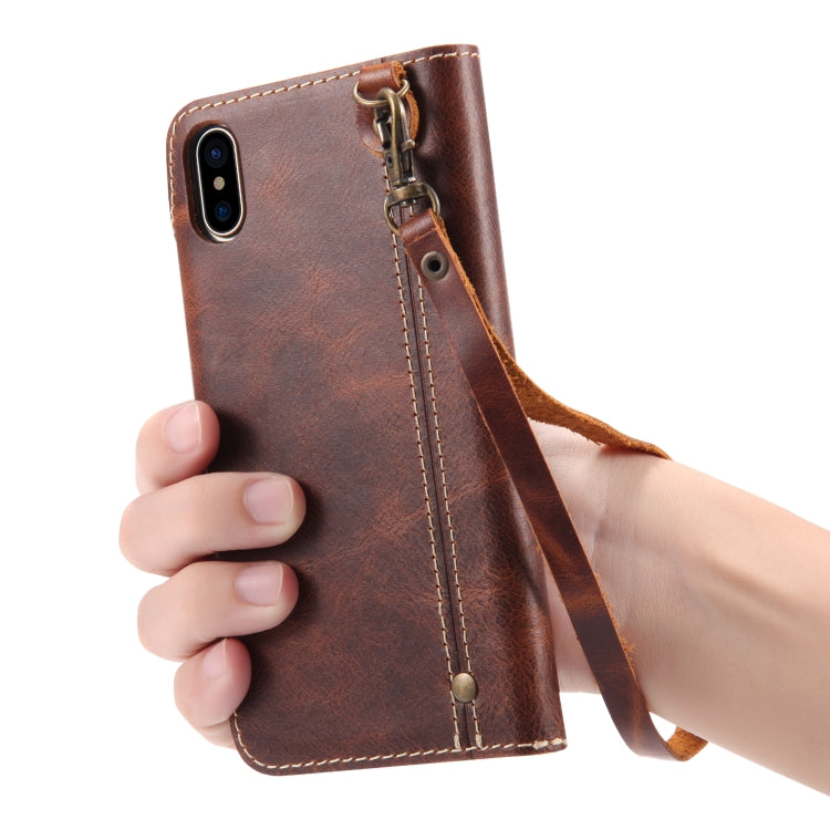For iPhone X / XS Denior Oil Wax Cowhide Magnetic Button Horizontal Flip Leather Case with Card Slots & Wallet(Dark Red) Eurekaonline