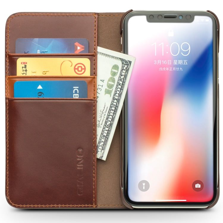 For iPhone X / XS QIALINO Crazy Horse Business Horizontal Flip Leather Case with Holder & Card Slots, Style:Without Buckle(Brown) Eurekaonline