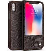 For iPhone X / XS QIALINO Lizard Texture Horizontal Flip Leather Case with Smart View Window & Sleep / Wake-up Function(Brown) Eurekaonline