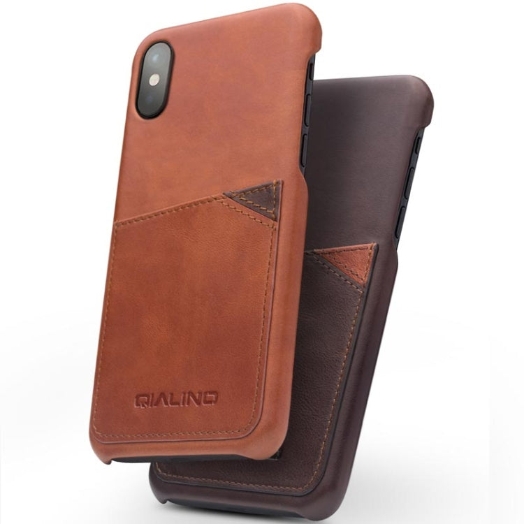 For iPhone X / XS QIALINO Shockproof Cowhide Leather Protective Case with Card Slot(Dark Brown) Eurekaonline