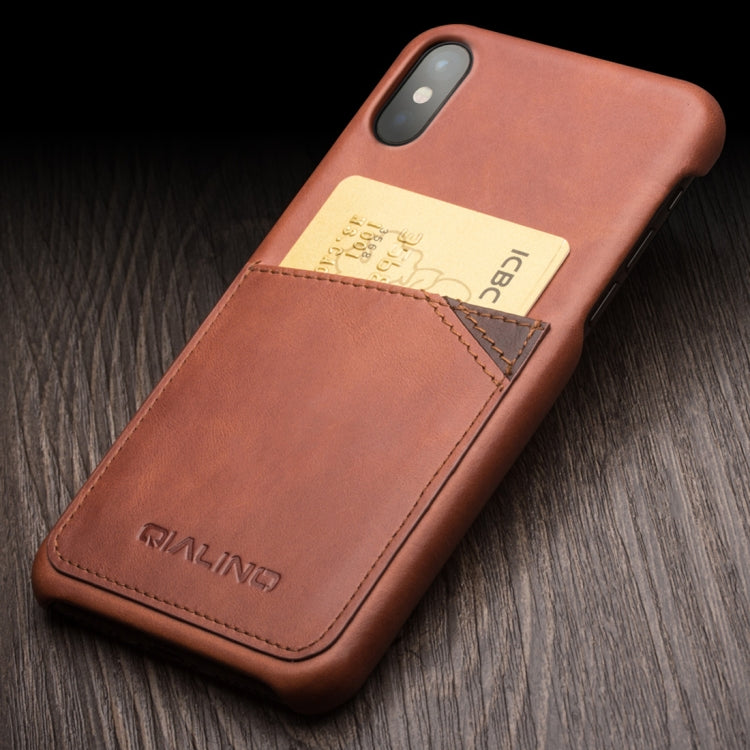 For iPhone X / XS QIALINO Shockproof Cowhide Leather Protective Case with Card Slot(Dark Brown) Eurekaonline