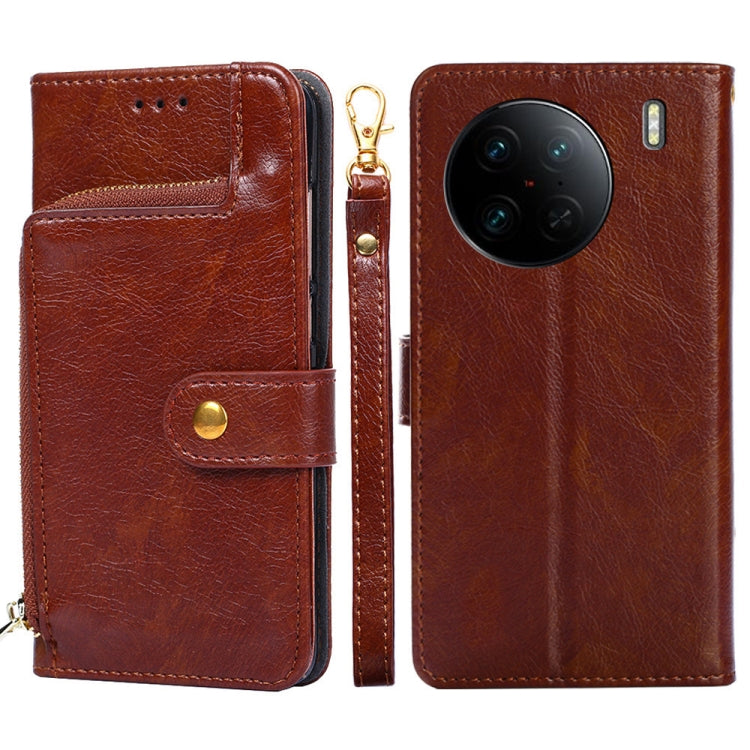 For vivo X90 Pro 5G Zipper Bag Leather Phone Case(Brown) Eurekaonline