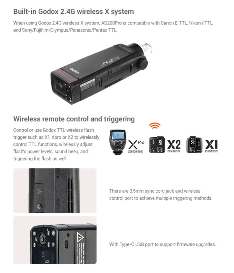 Godox AD200 Pro Pocket Flash Light  TTL HSS 2.4G Wireless X System Outdoor Flash Speedlight(UK Plug) Eurekaonline